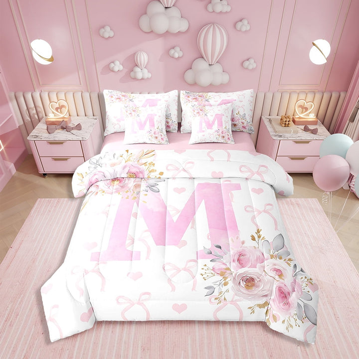 Erosebridal Monogrammed Bedding Sets Twin Size, Pink Rose Bedding Accessories, Initial Letter M Decor, Reversible 7pcs