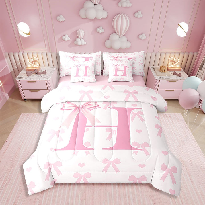 Initial Letter H 7 Pieces Bedding Set Twin,Princess Style Pink Bowknot Girly Romantic Bed in a Bag ,Dreamy Bow Love Hearts Kawaii Pink Comforter Set with Sheets,Pillow Covers