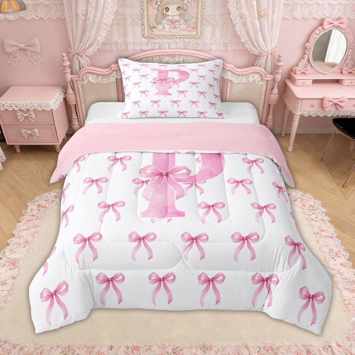 Erosebridal Pink Bow Letter P Twin Comforter Sets for Girls, Pink Watercolor Bow Bedding Set, Pink Reversible, 2 Pieces