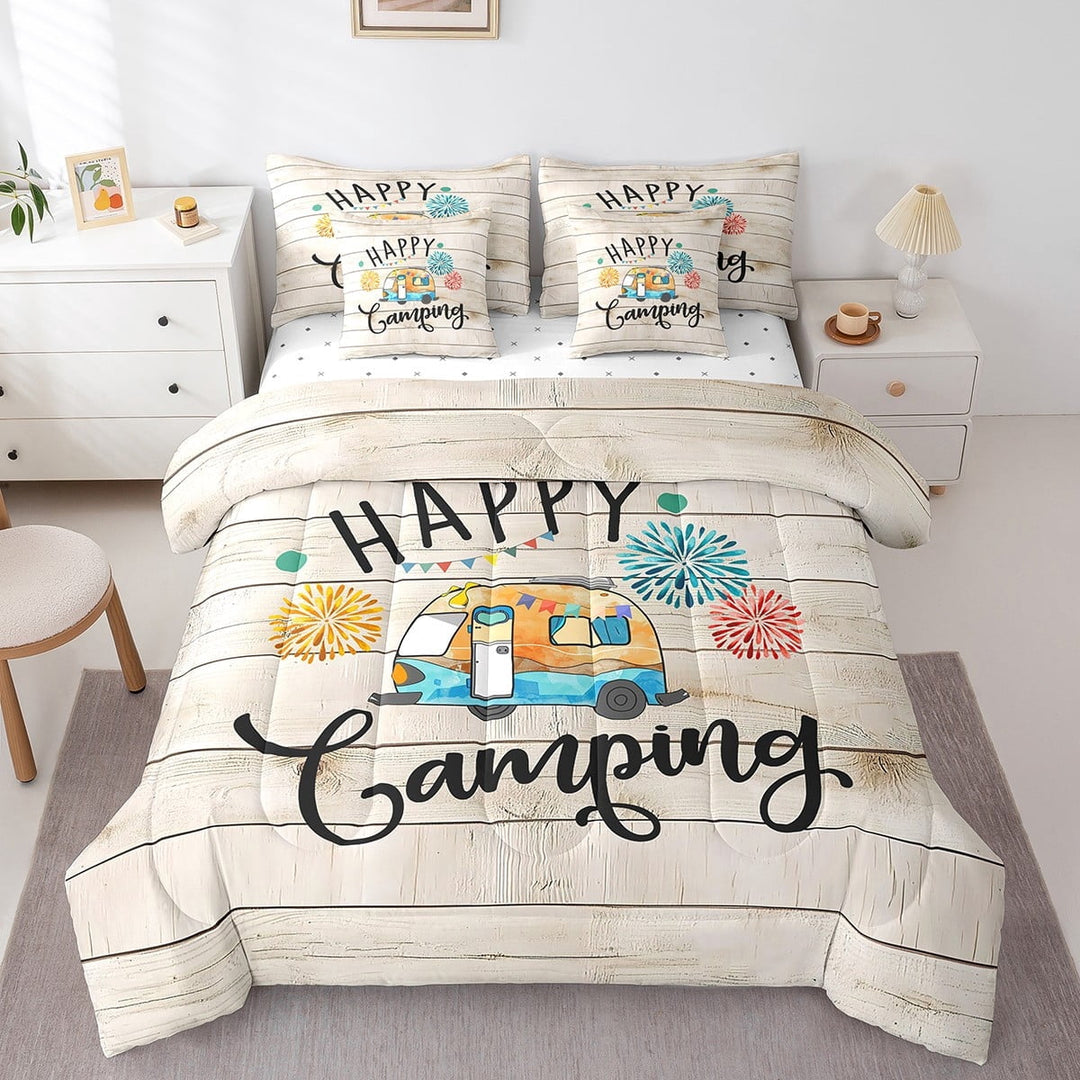 Erosebridal Vintage Camper Bedding Sets Twin Size,Lodge Cabin Comforter Sets with Sheets,Happy Camping Bed in a Bag Twin size,Ultra Soft Rustic Bedroom Decorative,Reversible,7pcs