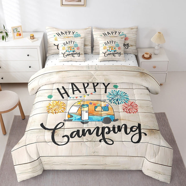 Erosebridal Vintage Camper Bedding Sets Twin Size,Lodge Cabin Comforter Sets with Sheets,Happy Camping Bed in a Bag Twin size,Ultra Soft Rustic Bedroom Decorative,Reversible,7pcs