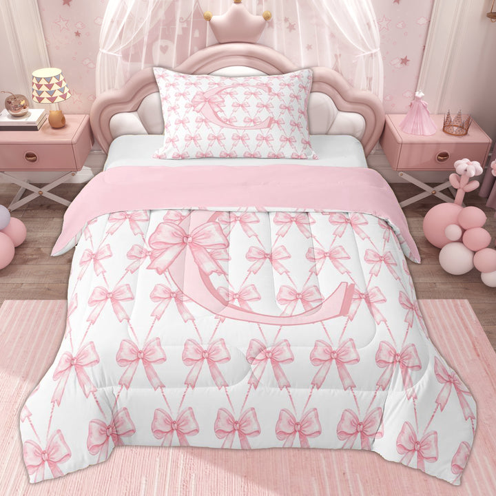 Erosebridal Cartoon C Letter Kids Twin Comforter Sets, Cute Pink Ribbon Bedding Set, 2pcs