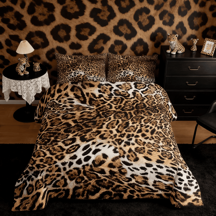 Leopard Print Comforter Cheetah Bedding,Safari Animal Bedding Sets &amp; Collections Jungle Theme Down Comforter Full Size Animal Design Duvet,Luxury Ultra Soft Brown Quilt 3-Piece