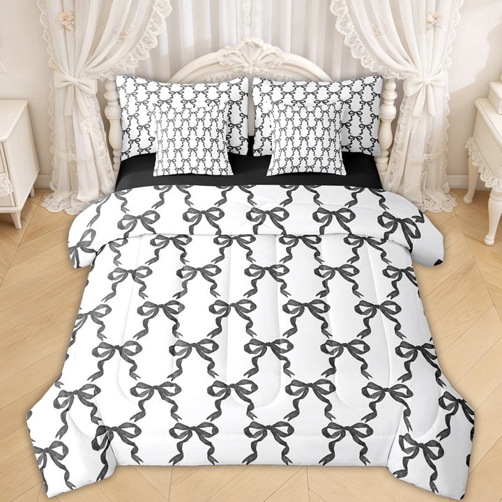 Erosebridal Black Bow Twin Bedding Sets for Girls, Cute Ribbon Stripes Bedding Comforter Set, Black Reversible, 7-Piece
