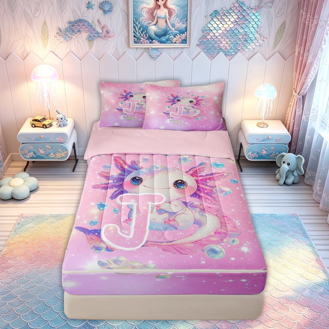 meiyoeat Kawaii Axolotl Letter J Zipper Comforter Set with Fitted Sheet and 2 Pillowcases for Boys Girls, Galaxy Animal Zipper Bedding Set, Pink Purple, Pink Reversible, 3-Piece
