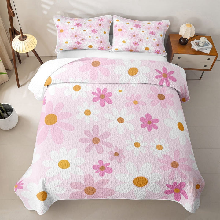 Erosebridal Retro Daisy Flower Quilt Full for Girls, Simple Floral Print Full Bedspread Sets, 3pcs