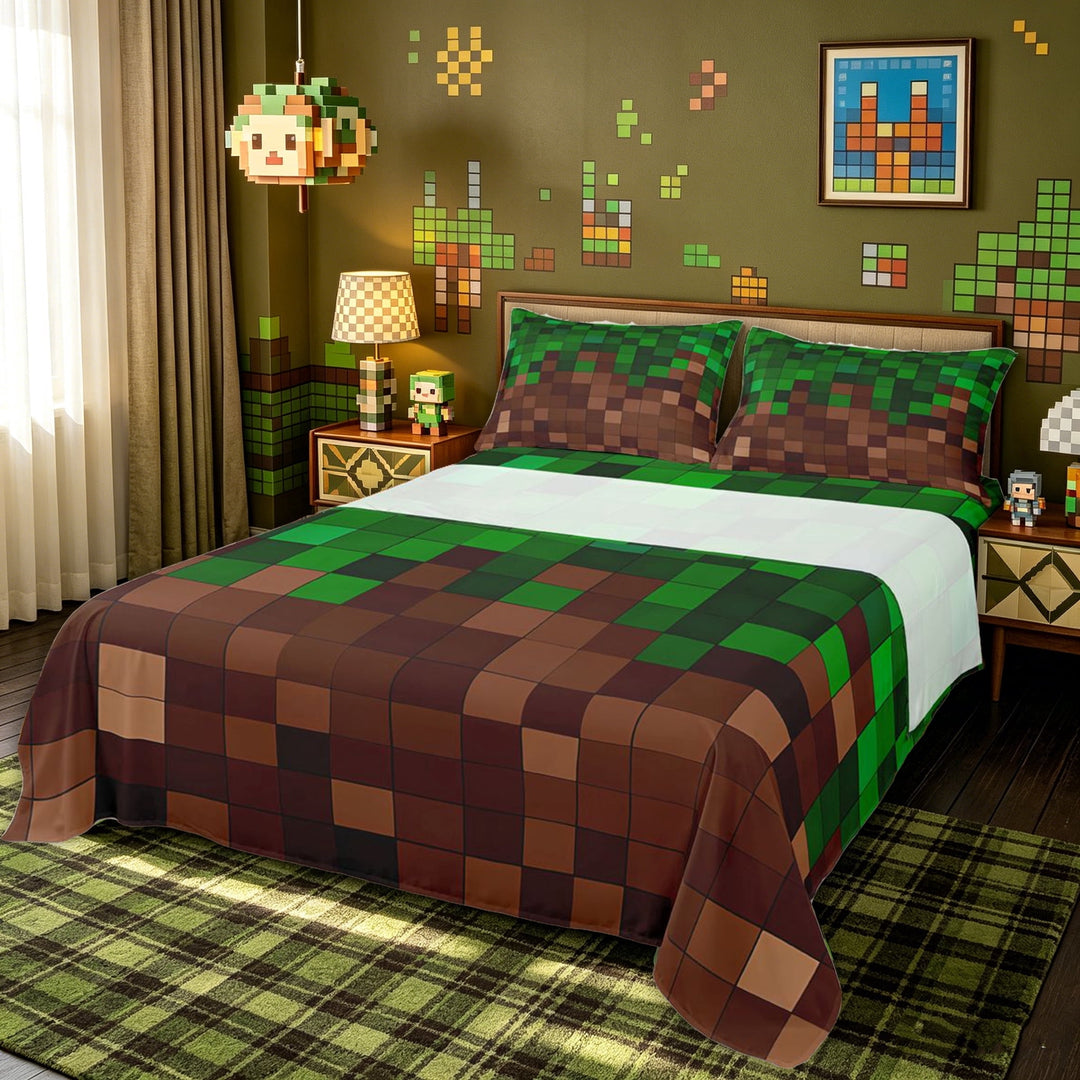 meiyoeat Pixel Grid Miners Bed Sheets for Kids, Gaming Pixelated Blocks Full Size Sheets for Dorm, Green Brown, 4 Pieces