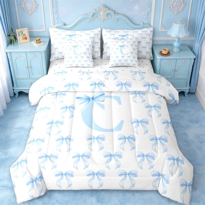 Erosebridal Blue Princess Bow 7-Piece Twin Bedding Sets For Teen Girls,Cartoon Letter C Monogrammed Bedding Comforter Set,Reversible