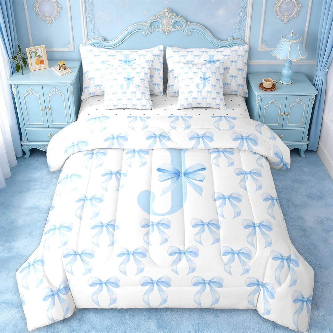 Erosebridal Fashion Bow Tie 7-Piece Twin Bedding Sets For Girls,Blue Letter J Initial Monogram Bedding Comforter Set,Reversible