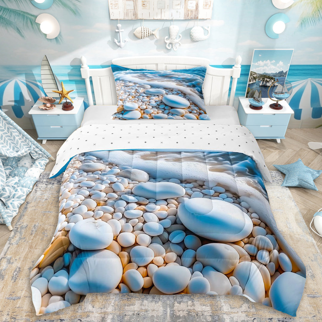Erosebridal Ocean Stony Beach Twin Comforter Sets 3-Piece For Teens,Sea Theme Bedding Set,Microfiber Bedroom Decor