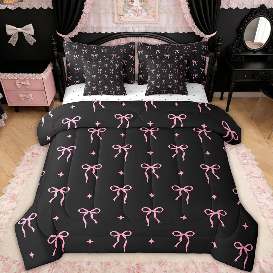 Erosebridal Bow Butterfly Knot Twin Bedding Sets for Girls, Cute Satrs Print Bedding Comforter Set, Black Pink, Reversible, 7-Piece