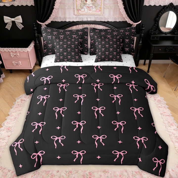 Erosebridal Bow Butterfly Knot Twin Bedding Sets for Girls, Cute Satrs Print Bedding Comforter Set, Black Pink, Reversible, 7-Piece