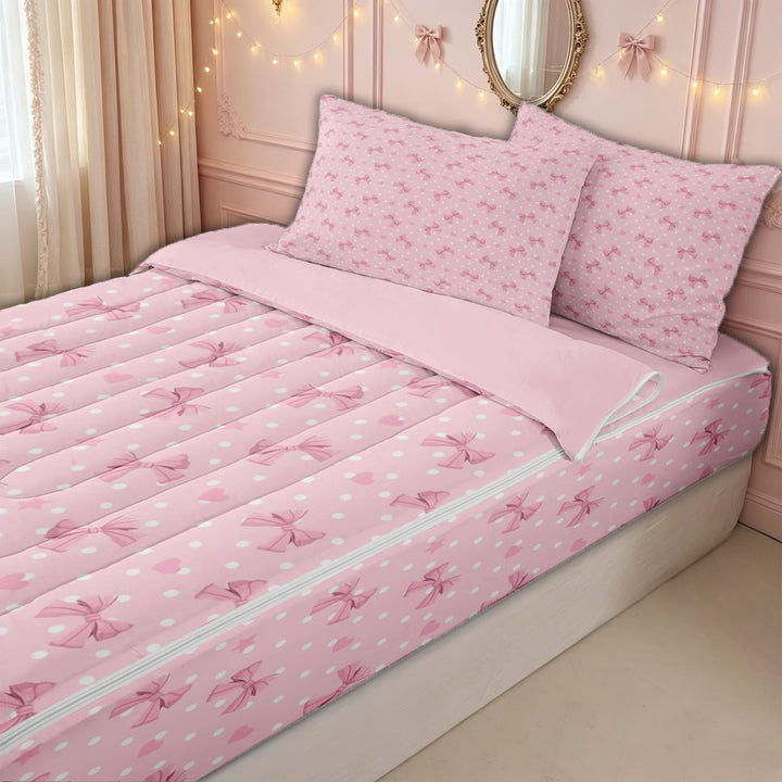 meiyoeat Cute Princess Bow Zipper Full Size Comforter Sets with Fitted Sheet and 2 Pillowcases for Kids Girls, Pink Polka Dot Zipper Bedding Set for Bedroom, Pink ReversibleG