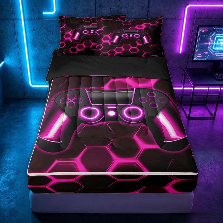 meiyoeat Gradient Gamepad Zipper Full Size Comforter Sets with Fitted Sheet and 2 Pillowcases for Boys Gamers, Neon Honeycomb Pink Gaming Zipper Bedding Set, Black Reversible