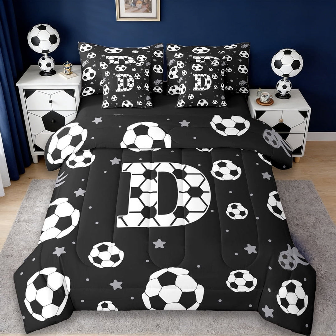 Erosebridal Kawaii Soccer Pattern Kids 7-Piece Twin Bedding Sets,Letter D Monogrammed Bedding Comforter Set For Boys Teens,Reversible Black