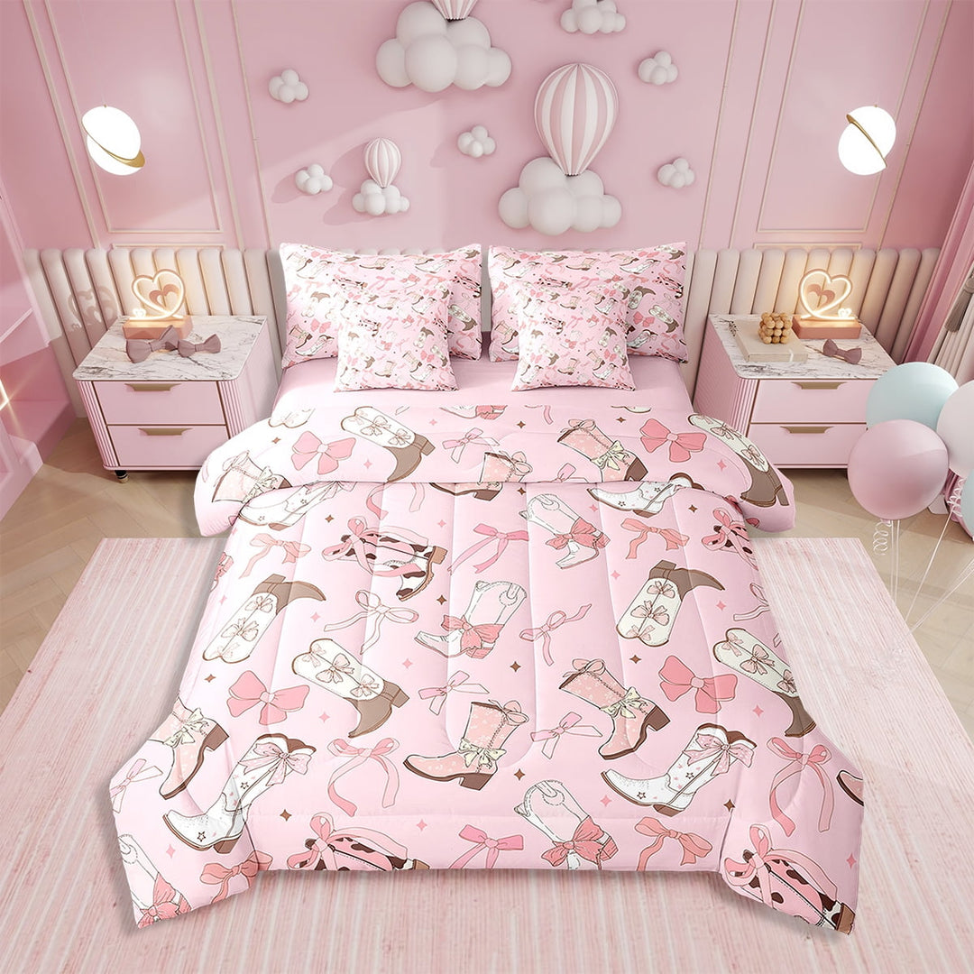 CowComforter 7 Pieces Twin Size Pink CowBoot Hats Sheet Set Kawaii Ribbon Bow Bedding Set Teens Cute Cherry Love Heart Bed Set Soft Decorative Room