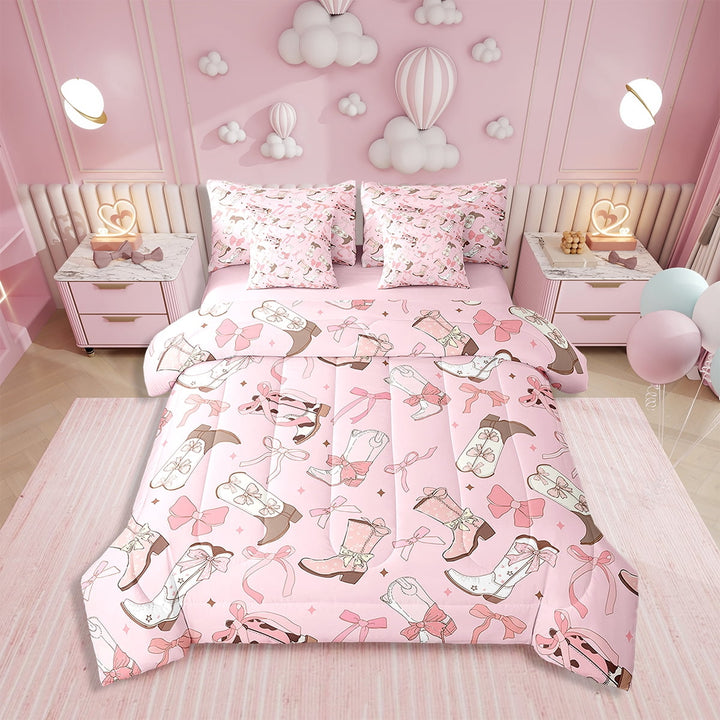 CowComforter 7 Pieces Twin Size Pink CowBoot Hats Sheet Set Kawaii Ribbon Bow Bedding Set Teens Cute Cherry Love Heart Bed Set Soft Decorative Room