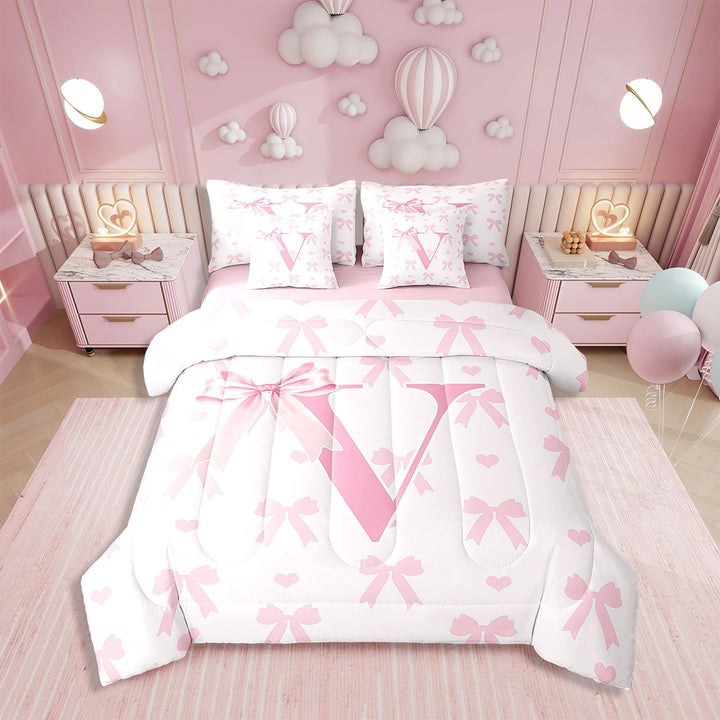 Pink Bow Twin Bedding Set 7 Pieces,Princess Style Bowknot Love Hearts Girly Fairy Comforter Set with Sheets ,Initial Letter V Chic Romantic Bed Set in a Bag with Pillow Covers