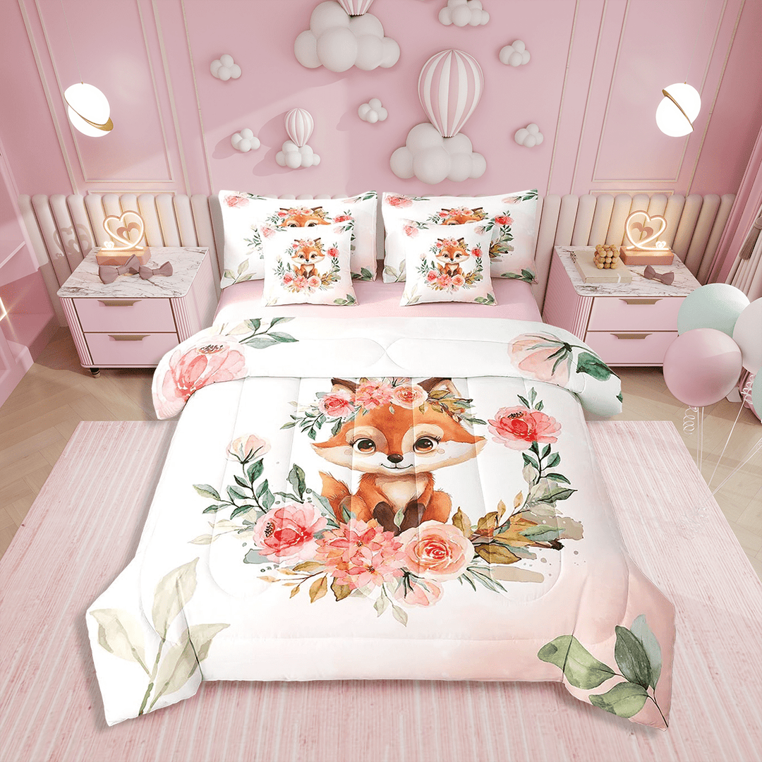 7 Pieces Cute Fox Comforter Set Twin,Watercolor Floral Bed Set,Cartoon Aniamls Theme Bedding(1 Comforter,1 Fitted Sheet,1 Flat Sheet,2 Pillowcases,2 Throw Pillow Cover)