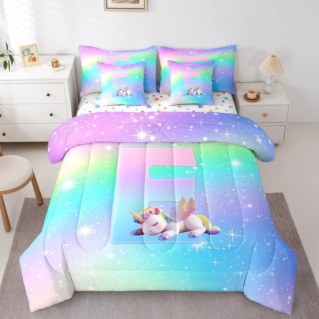 Erosebridal Cute Unicorn Bedding Twin Size,Neon Print Initial E Bed Set, Rainbow For Princess Girly Teens Bedding Sets Twin Size,Microfiber Bedroom Decor Reversible,7pcs