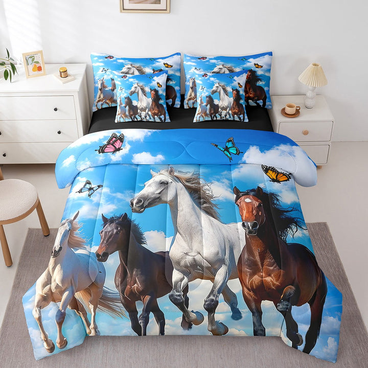 Galloping Horse Bed in a Bag 7 Pieces Chic Butterfly Bedding Set , Farmhouse Animal Full Size Comforter Set Farm Wildlife Bedding Comforter Sets,Blue Sky White Cloud Bed Set
