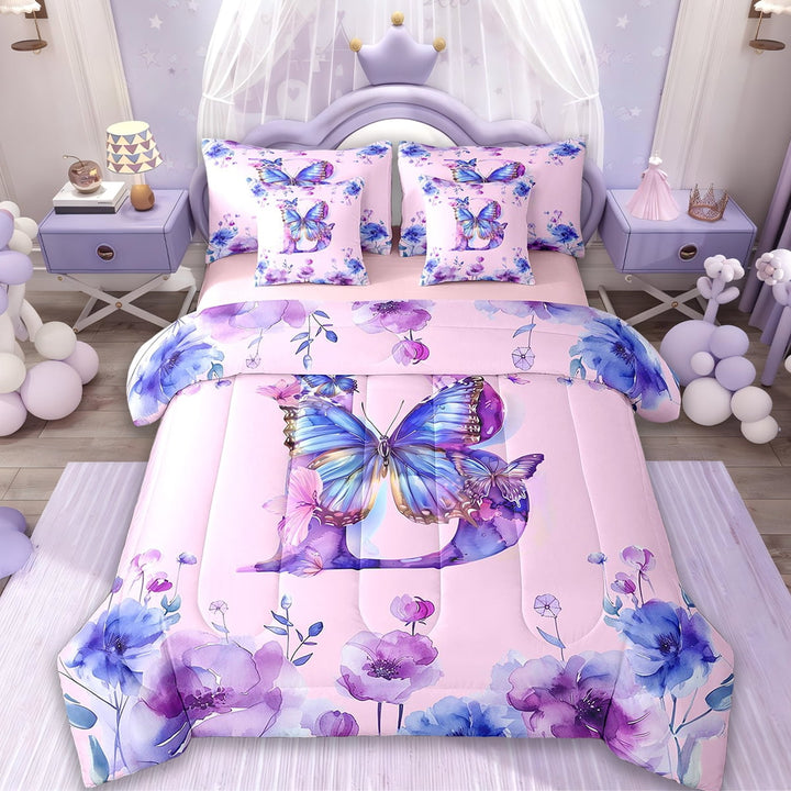 Erosebridal Initial Letter B Bedding Twin Size,Colorful Butterfly Bed Set,Tropical Botanical Floral Bedding Sets Twin Size,Breathable Bedroom Decor Reversible,7pcs
