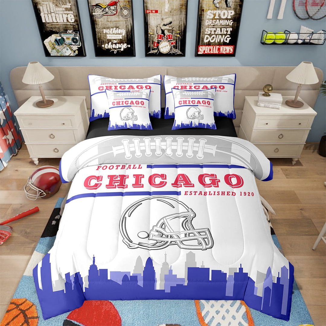 Football Bed in a Bag Full 7 Piece,Sports Bedding Sets,American Football Fans Bed Set Rugby Player Blue White Comforter Set with Sheets Football Lovers Sheets (Chicago)