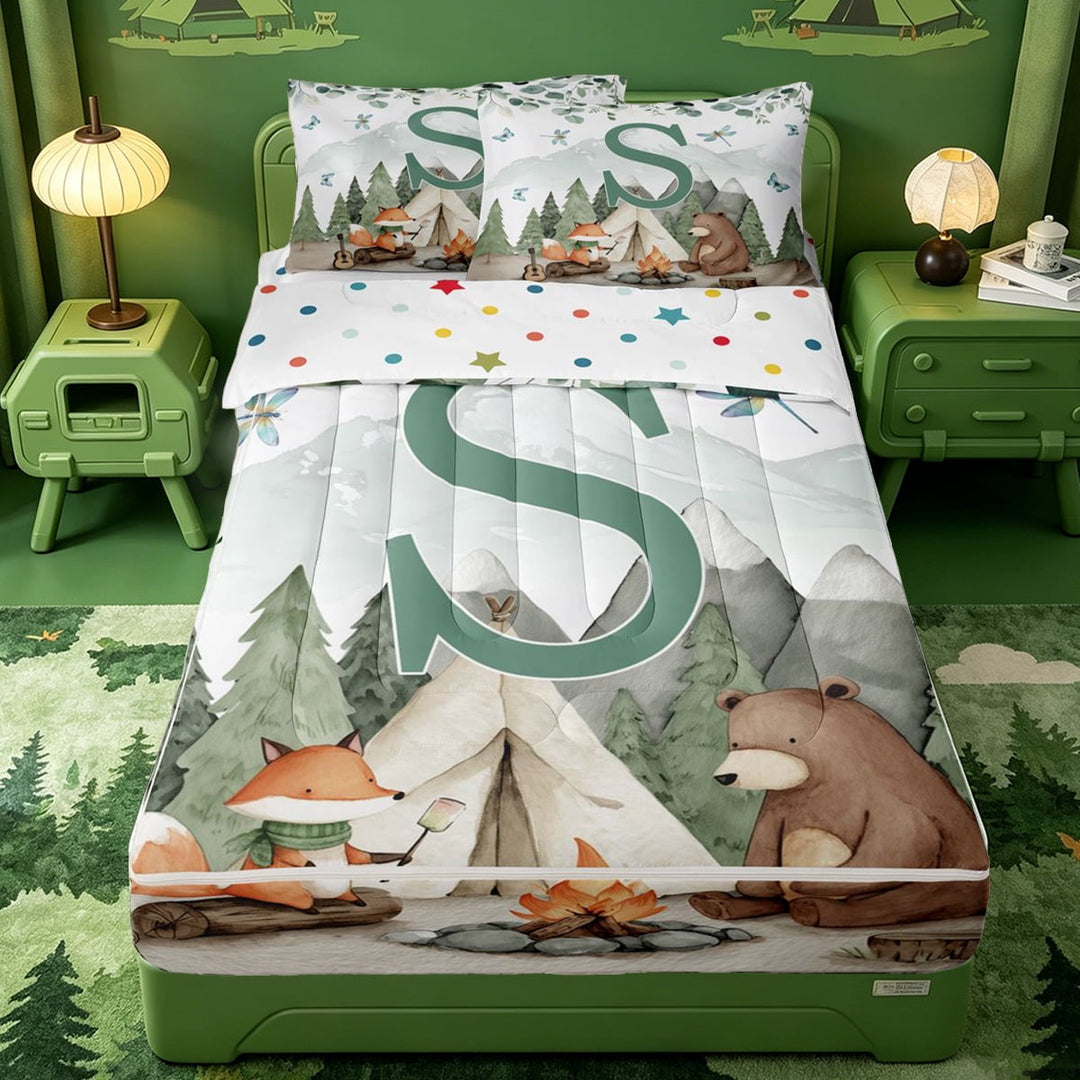 meiyoeat Cartoon Rv Country Style Zipper Full Size Comforter Sets with Fitted Sheet and 2 Pillowcases For Boys,Rustic Letter S Print Zipper Bedding Set,Polkadot Reversible,4-Piece