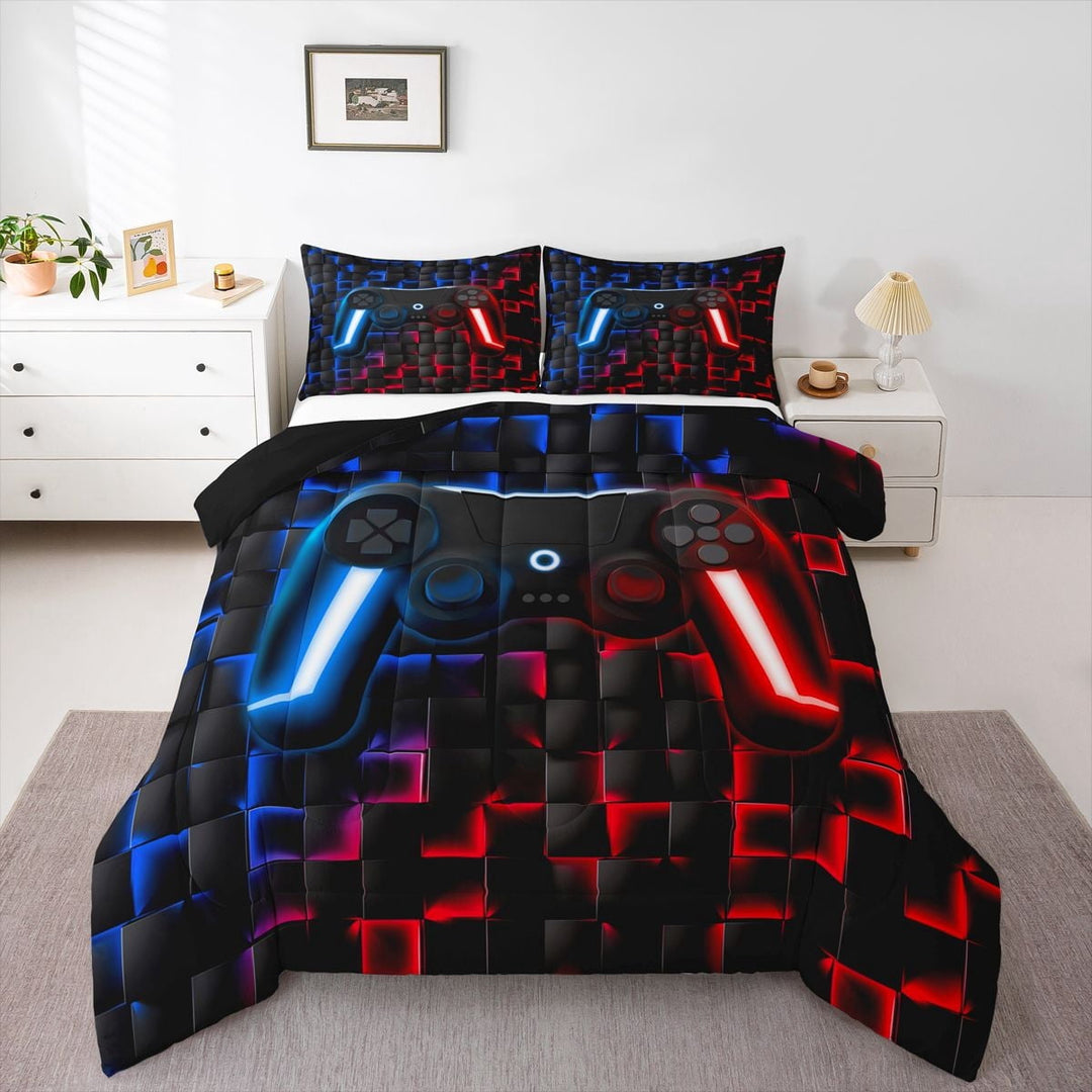 Erosebridal Gaming Twin Size Bedding Set Gamer Comforter Sets For Teen Game Controller Bedroom Decor,Neon Teal Glowing Geometric Grid Bedding,Black Abstract Check Square Comforter