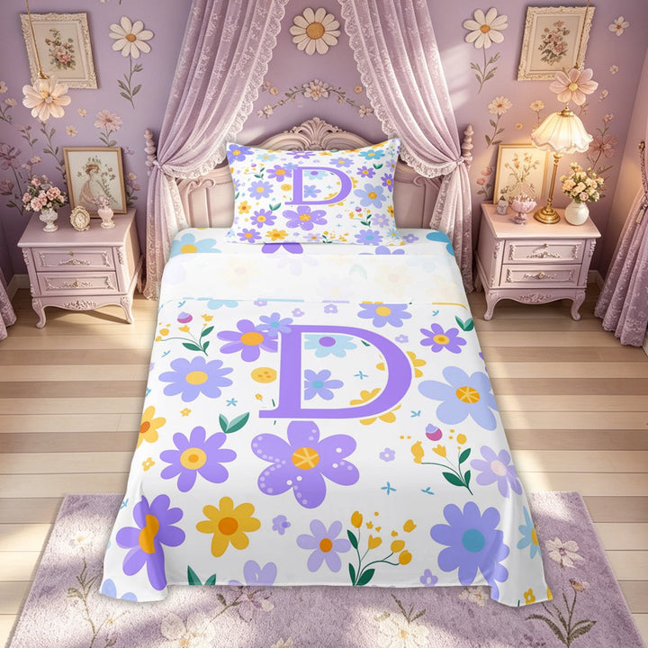 Meiyoeat Garden Flower D Letter Full Size Sheets for Women Girls, Purple Cute Groovy Daisy Bed Sheets, 4-Piece