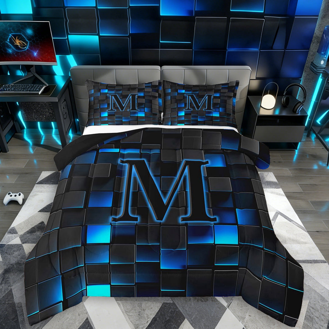 Erosebridal Teens Neon Lights Grid Plaid Full Size Comforter Sets 3 Pieces,Boys Girls Abstract M Letter Monogrammed Bedding Sets,Black Reversible
