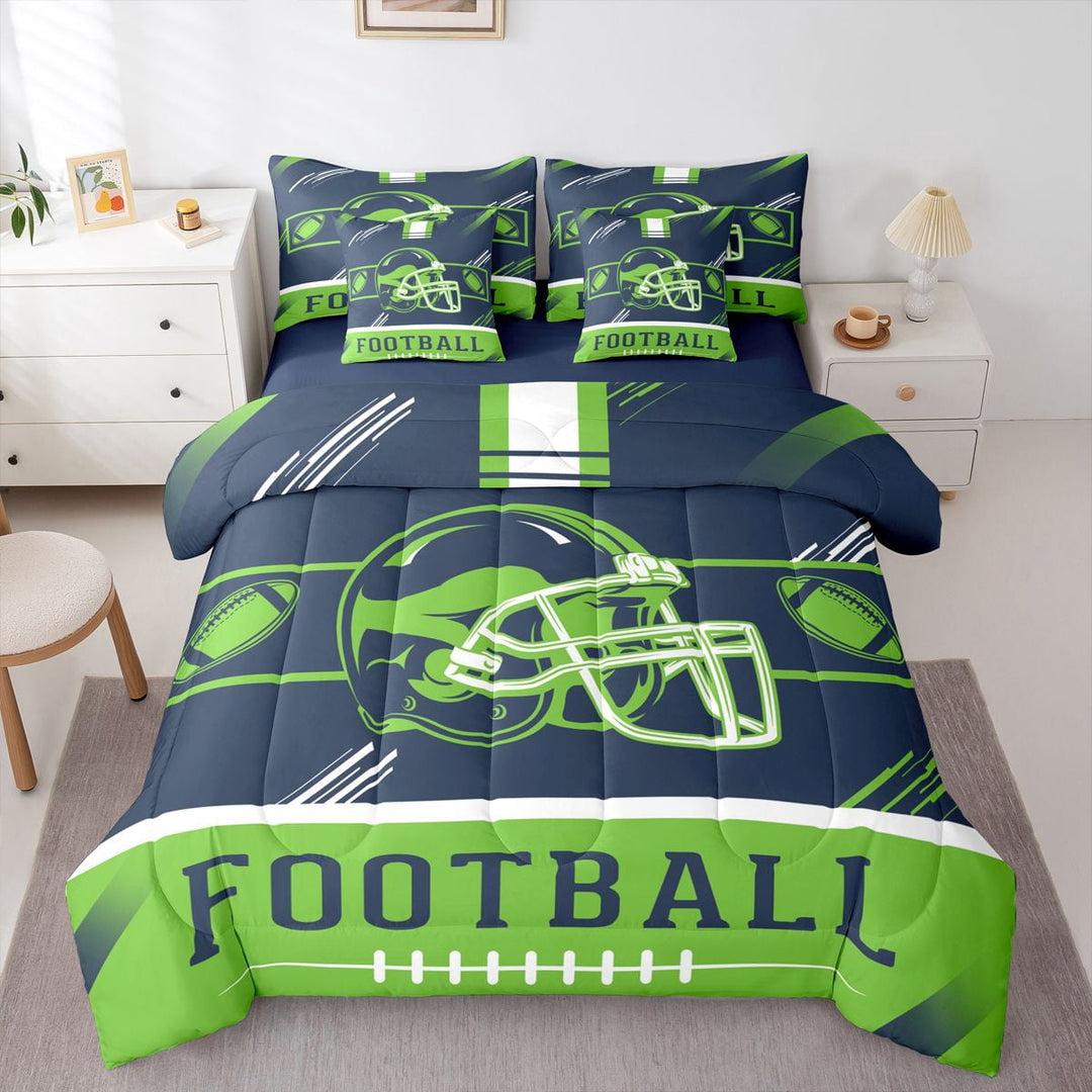 Erosebridal American Football Bed in a Bag Twin size, Soccer Sports Quilted Comforter, Navy Green, Seattle, Lightweight 7pcs