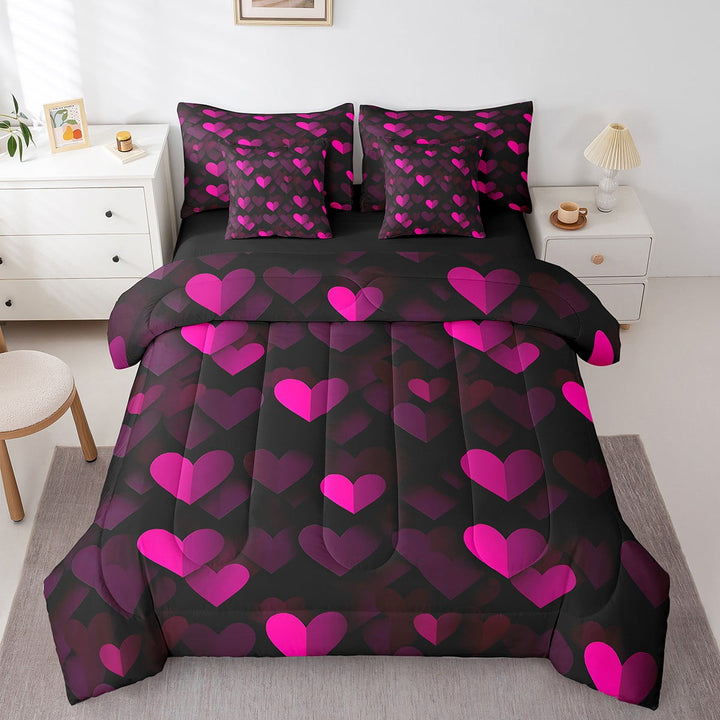Erosebridal Pink and Black Comforter Set With Sheets7 piece Heart Love Bedding Set Full Size Geometric Bed in a Bag Modern Bed Set with Comforter,Sheets,Pillowcases