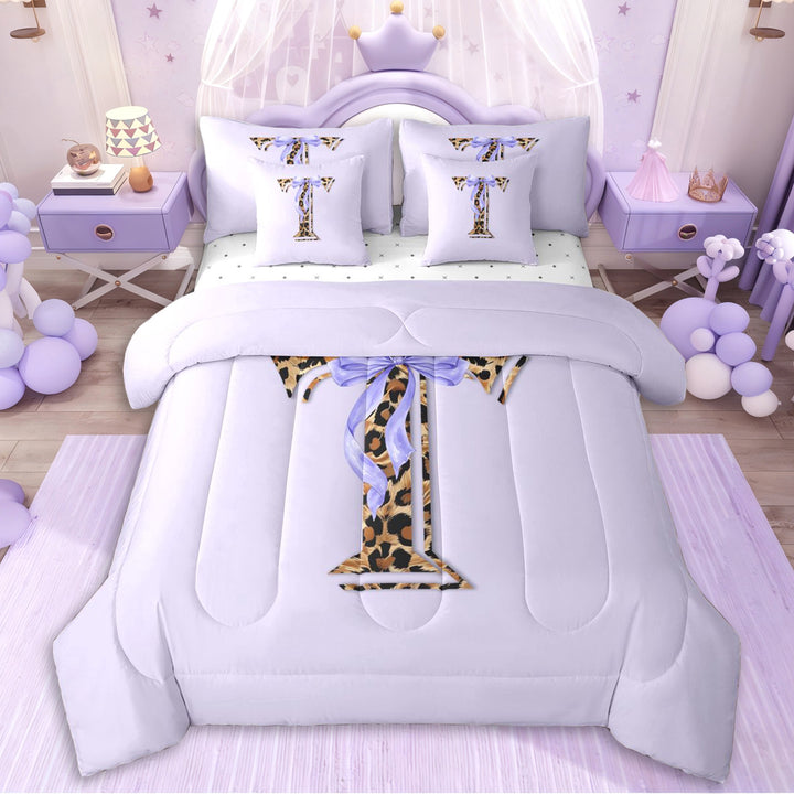 Erosebridal Purple Bowknot Letter Monogrammed T Twin Bedding Sets 7-Piece For Girls,Teens Animal Leopard Print Bedding Comforter Set,Luxury Bedroom Decor