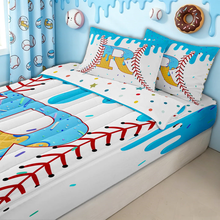 meiyoeat Ice Cream Baseball Zipper Twin Comforter Sets with Fitted Sheet and 2 Pillowcases for Girls, Blue Yellow Drip Monogrammed R Zipper Bedding Set, Polkadot Reversible, 4pcs