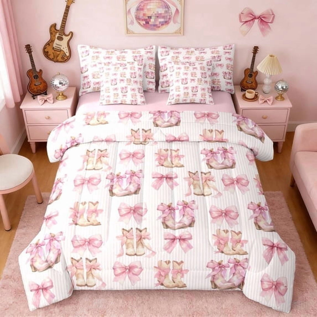 Erosebridal Pink Stripe Cowgirl Boots Bow Print Bedding Comforter Set, Soft Western Full Bedding Set for Girls, Pink Reversible 7pcs