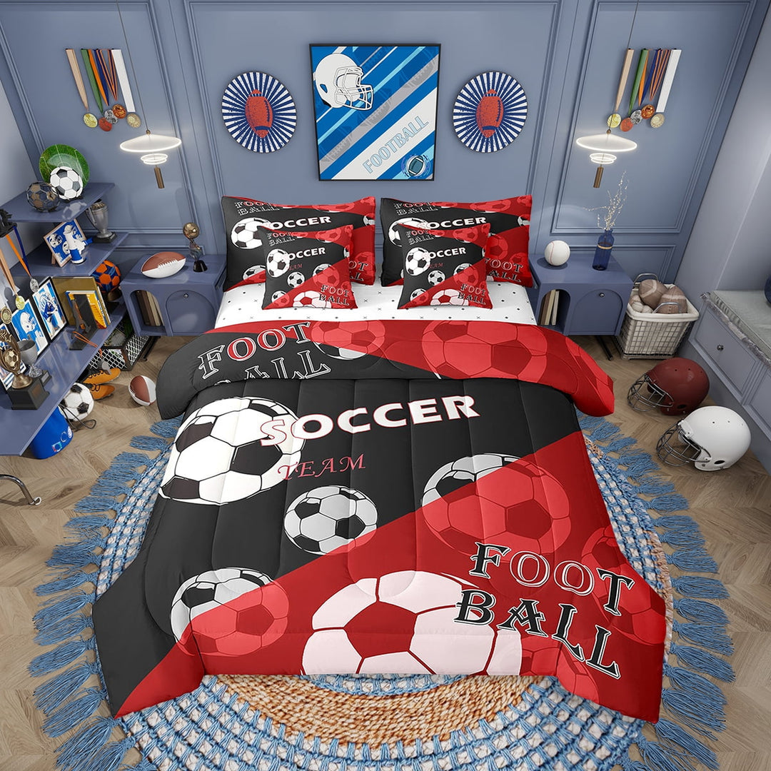 Eosebridal Soccer Comforter Set Twin Size 7 Pieces Football Games Red Bedding Set Sports Theme Bed in a Bag with Comforter,Sheets