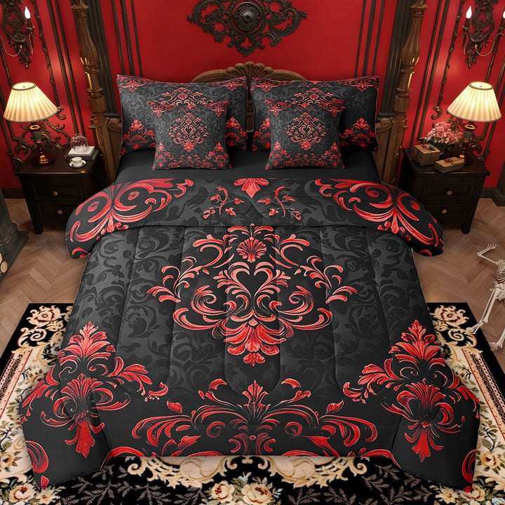 Manfei Bohemian Damask 7pcs Bedding Full Size, Black Red Comforter Sets with Sheets, Victorian Flower Bed Set, Breathable Bedroom Decoration