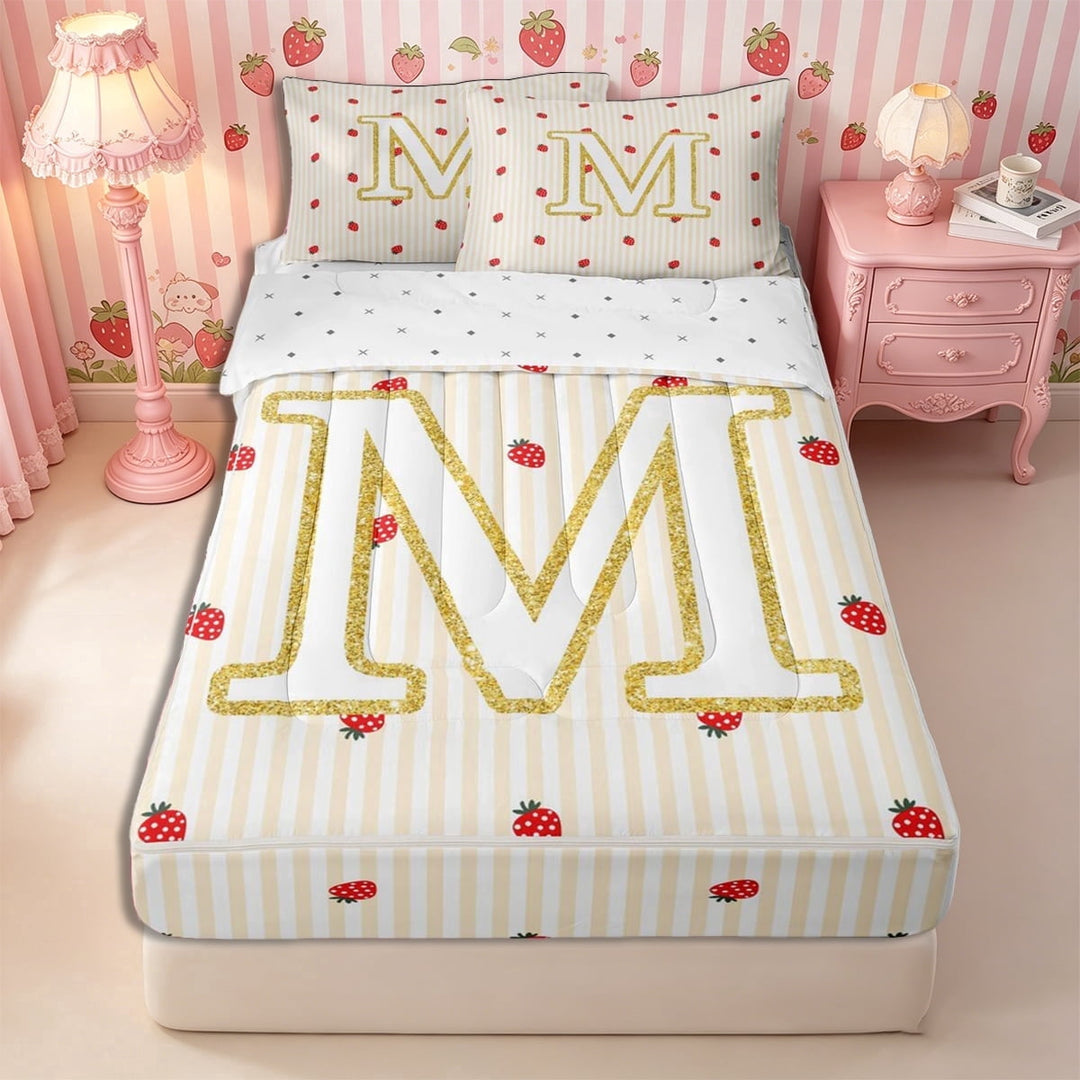 Meiyoeat Cute Gold Letter M Zipper Twin Comforter Sets with Fitted Sheet and 2 Pillowcases, Strawberry Stripe Print Zipper Bedding Set, Beige Red,4-Piece