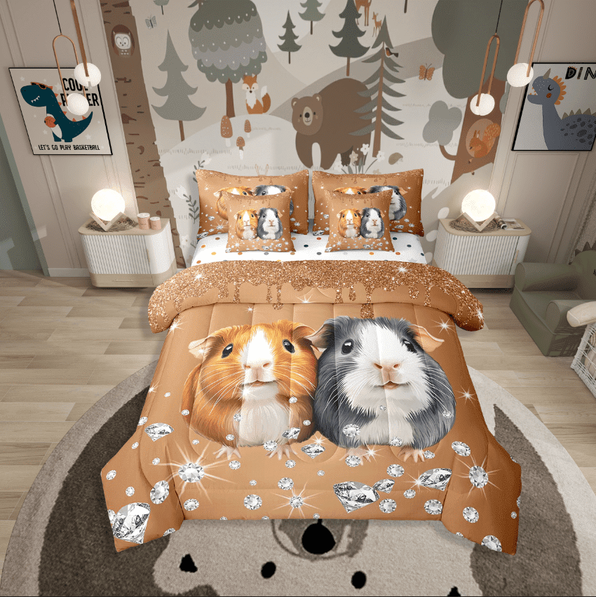 Erosebridal Kawaii Guinea Pig Bedding Sets Twin Size,Crystal Glitter Comforter Sets With Sheets,Sequin Print Decoration,Reversible,Breathable,7Pcs