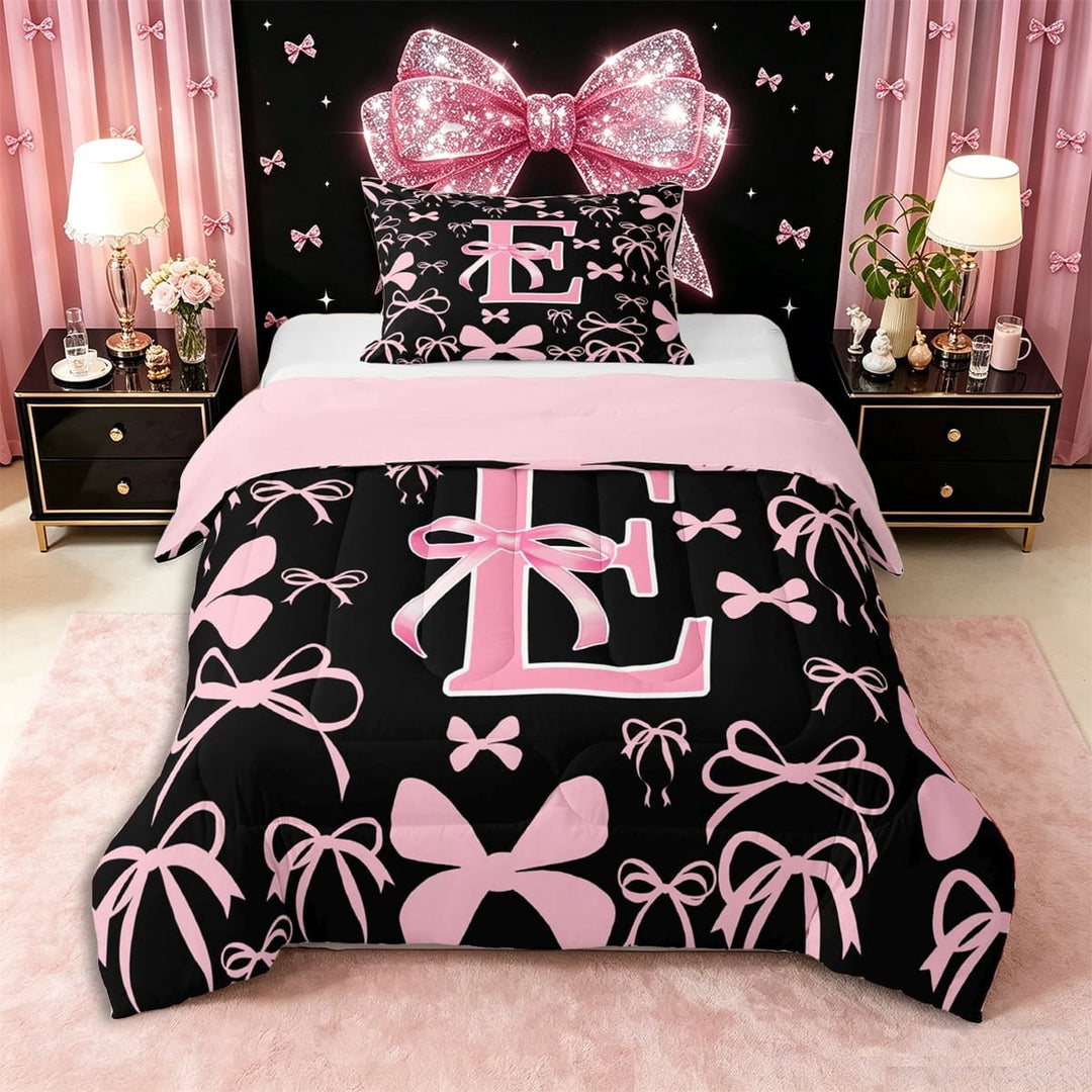 Erosebridal Letter Monogrammed E Twin Comforter Sets 3-Piece,Kawaii Ribbon Bow Bedding Set,Pink Reversible,Super Cozy Room Decor