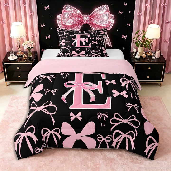 Erosebridal Letter Monogrammed E Twin Comforter Sets 3-Piece,Kawaii Ribbon Bow Bedding Set,Pink Reversible,Super Cozy Room Decor