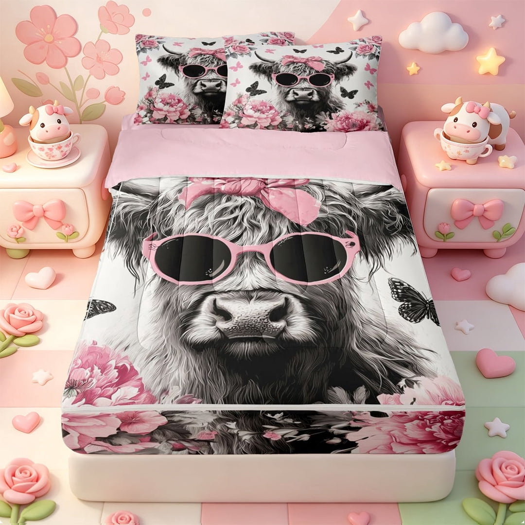 meiyoeat Farm Highland Cow Zipper Twin Comforter Sets with Fitted Sheet and 2 Pillowcases,Countryside Floral Blossom Zipper Bedding Set,Pink Reversible,4-Piece