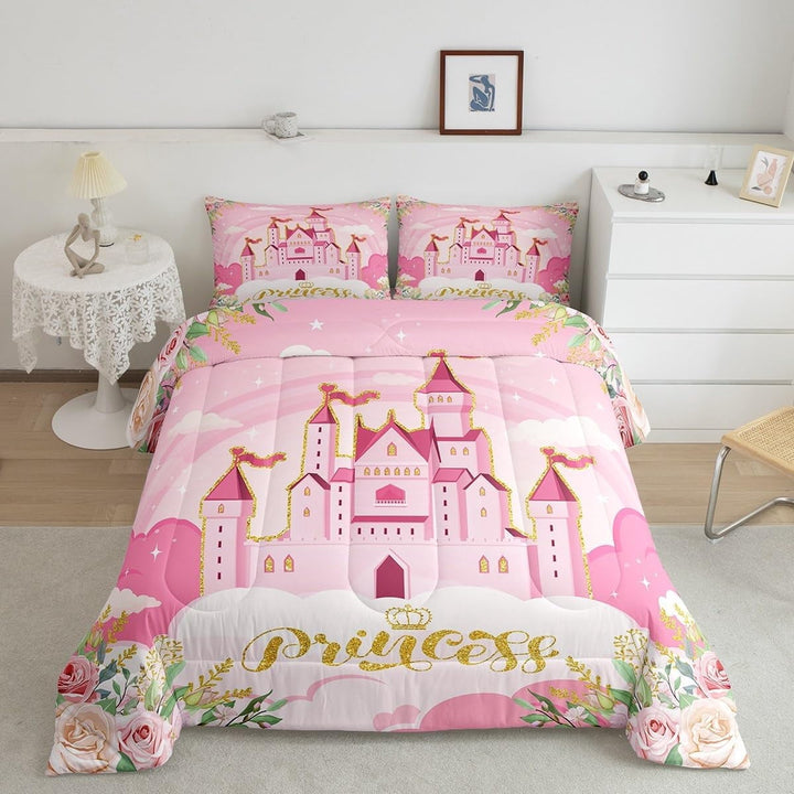 Girls Women Princess Comforter Set Full,Pink Castle Dreamy Comforter Set Kids Bedroom Decor,Flowers Garden Princess Bed Set,Fairy Tale Theme Duvet Insert Cute Blanket,Gifts for Girls