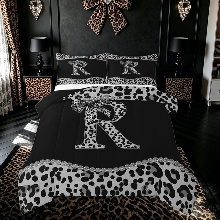 Meiyoeat Bow Initial R Letter King Size Comforter Sets for Women Girls, Fashion Leopard Print Bedding Sets, Black White, Black Reversible, 3 Pieces