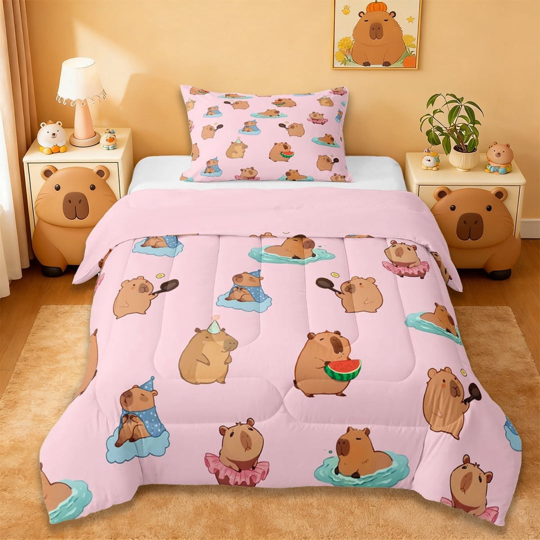Erosebridal Rodent Animals Capybara Twin Comforter Sets,Cute Animals Bedding Set For Girls Kids ,Reversible Pink 2-Piece