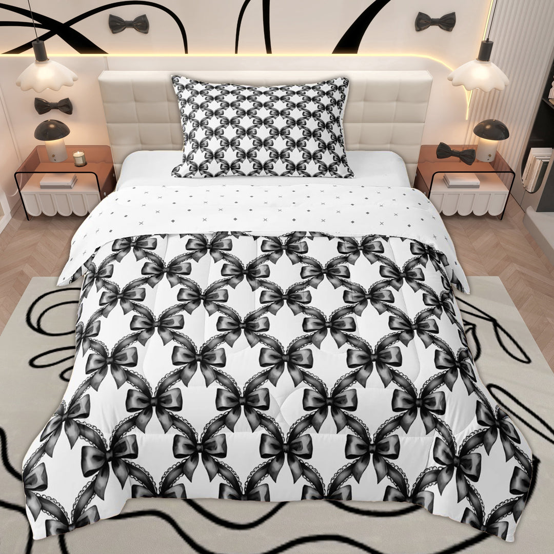 Erosebridal Black White Bow Twin Comforter Sets for Girls, Kawaii Princess Bedding Set, 2pcs