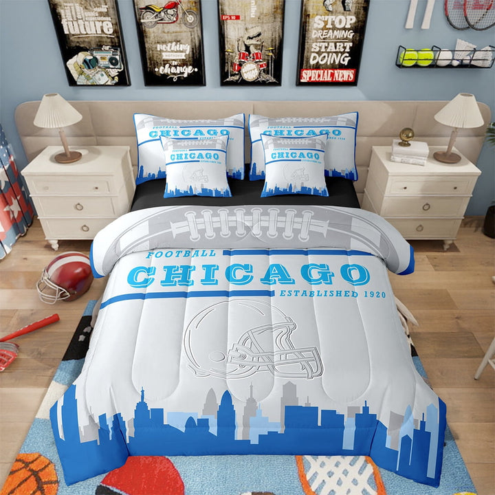 Football Bed in a Bag Twin 7 Piece,Sports Bedding Sets,American Football Fans Bed Set Rugby Player Sky Blue Gray Comforter Set with Sheets Football Lovers Sheets (Chicago)
