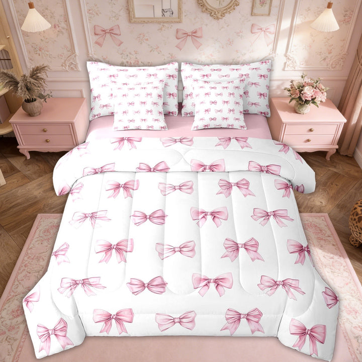 Erosebridal Pink Princess Bow Twin Bedding Sets for Girl, Cute Cartoon Bedding Comforter Set, 7 Pieces