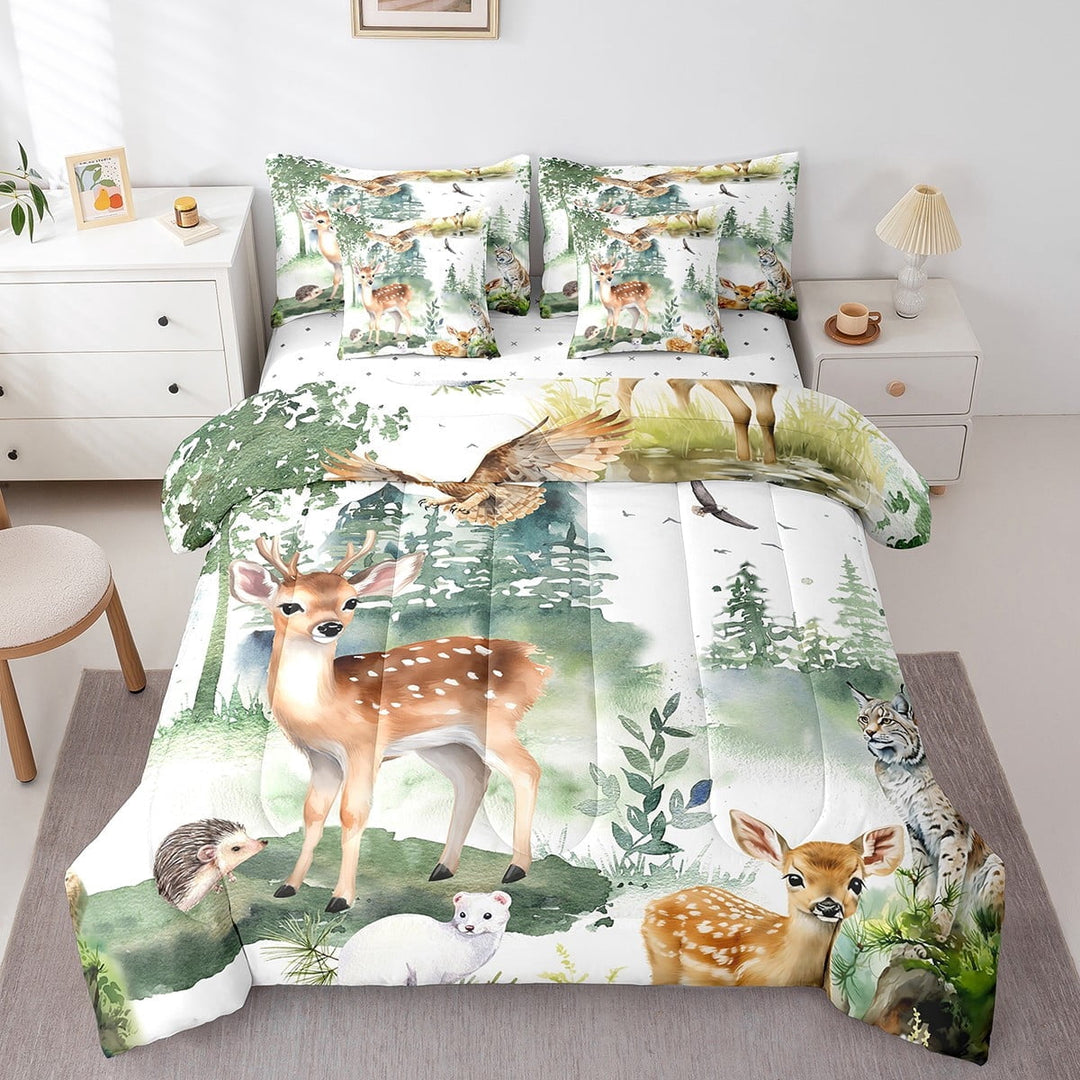 Erosebridal Hunting Deer Twin Comforter Set 7-Piece Bedroom Decor, Woodland Animal Bedding Comforter Sets Cute Moose Cat Hedgehog Bed in a Bag, Green Jungle Tree Bedding Set